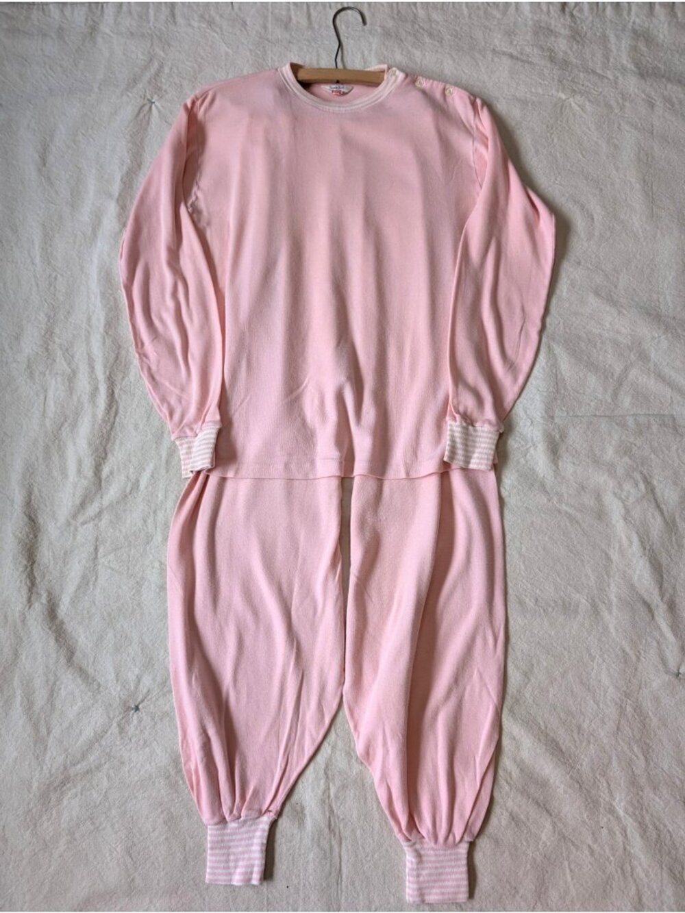 Hanes Vintage 60s Suede Knit Pink Leisure Pajama 2 Piece Sweat Set Size LG